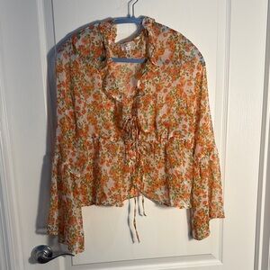 Dizzy Lizzy Sheer Ruffle Tie-Front Floral Blouse, Orange and Green Size M